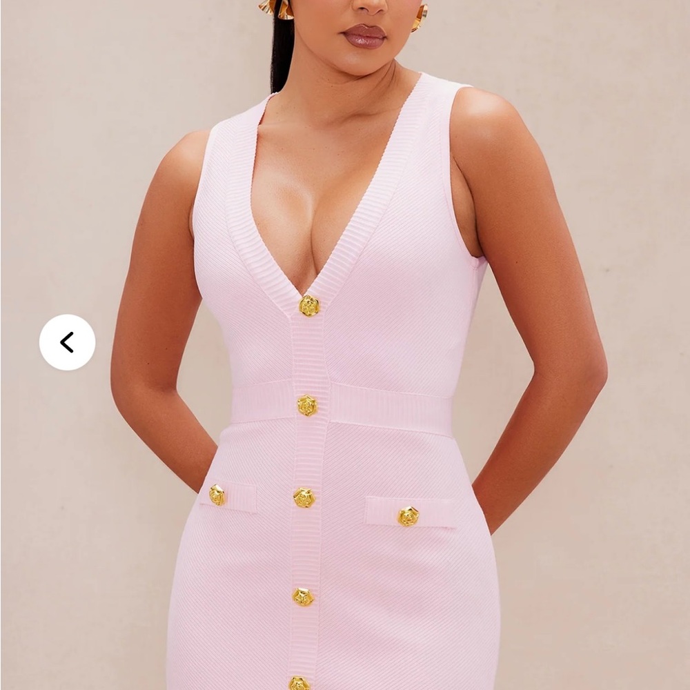 V-Neck Pink Mini Dress with Gold Button Accents